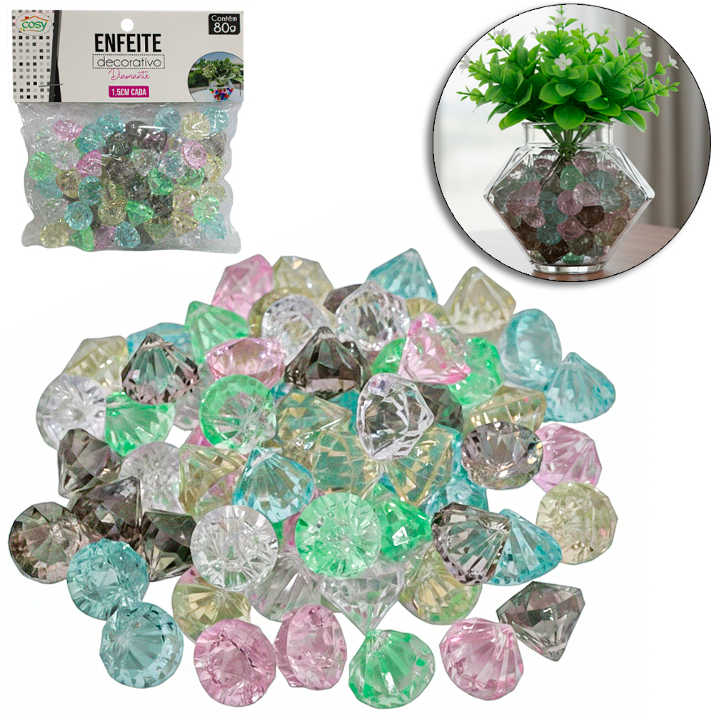 ENFEITE DECORATIVO DIAMANTE DE ACRILICO COLORIDO 1,5CM 80G