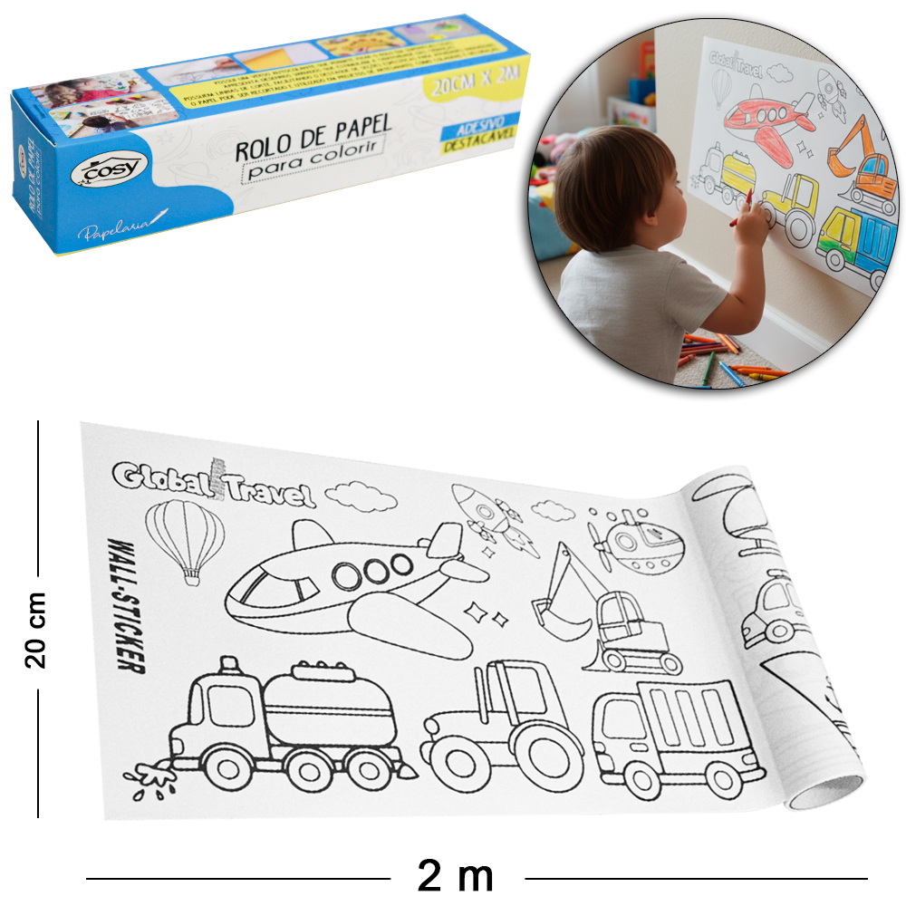 PAPEL DE PAREDE ROLO AUTOADESIVO PARA COLORIR DESTACAVEL 20CMX2M