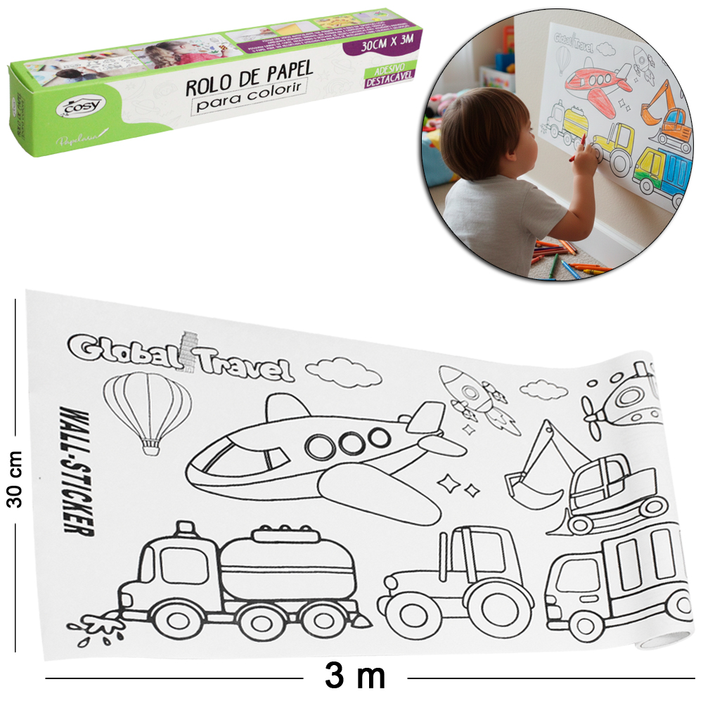 PAPEL DE PAREDE ROLO AUTOADESIVO PARA COLORIR DESTACAVEL 30CMX3M