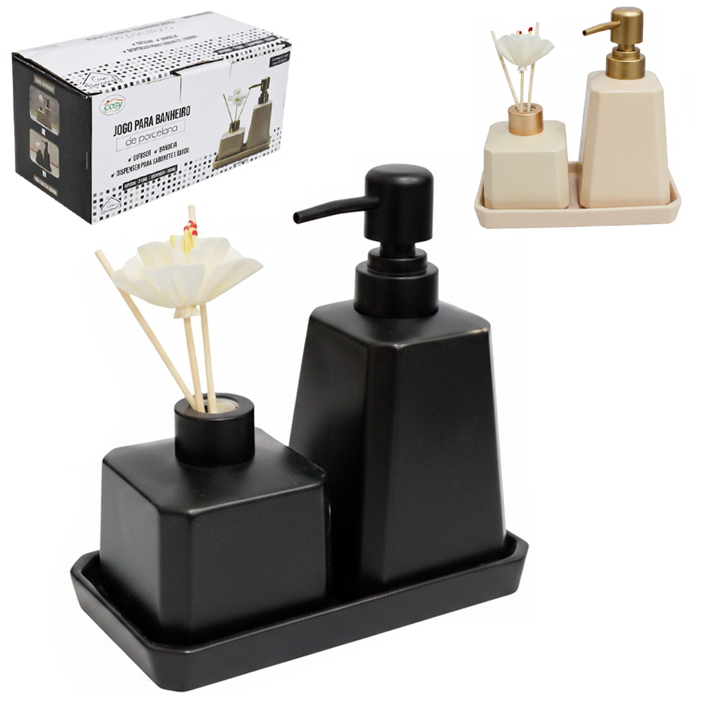 JOGO PARA BANHEIRO COM DIFUSOR DE AROMAS PARA AMBIENTES + SUPORTE DE PORCELANA 3 PECAS