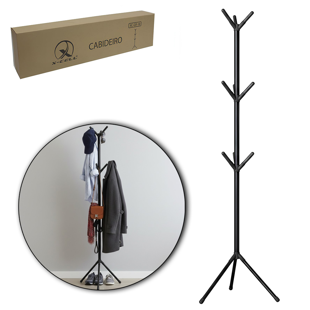 CABIDEIRO MANCEBO DE PISO DE ACO / PLASTICO COM 9 GANCHOS PRETO X-CELL 170CM