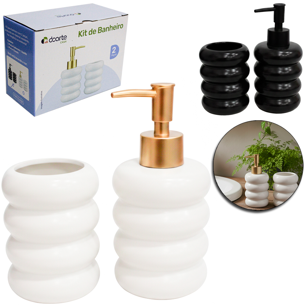 JOGO PARA BANHEIRO DE PORCELANA REDONDO PRETO / BRANCO COM 2 PECAS