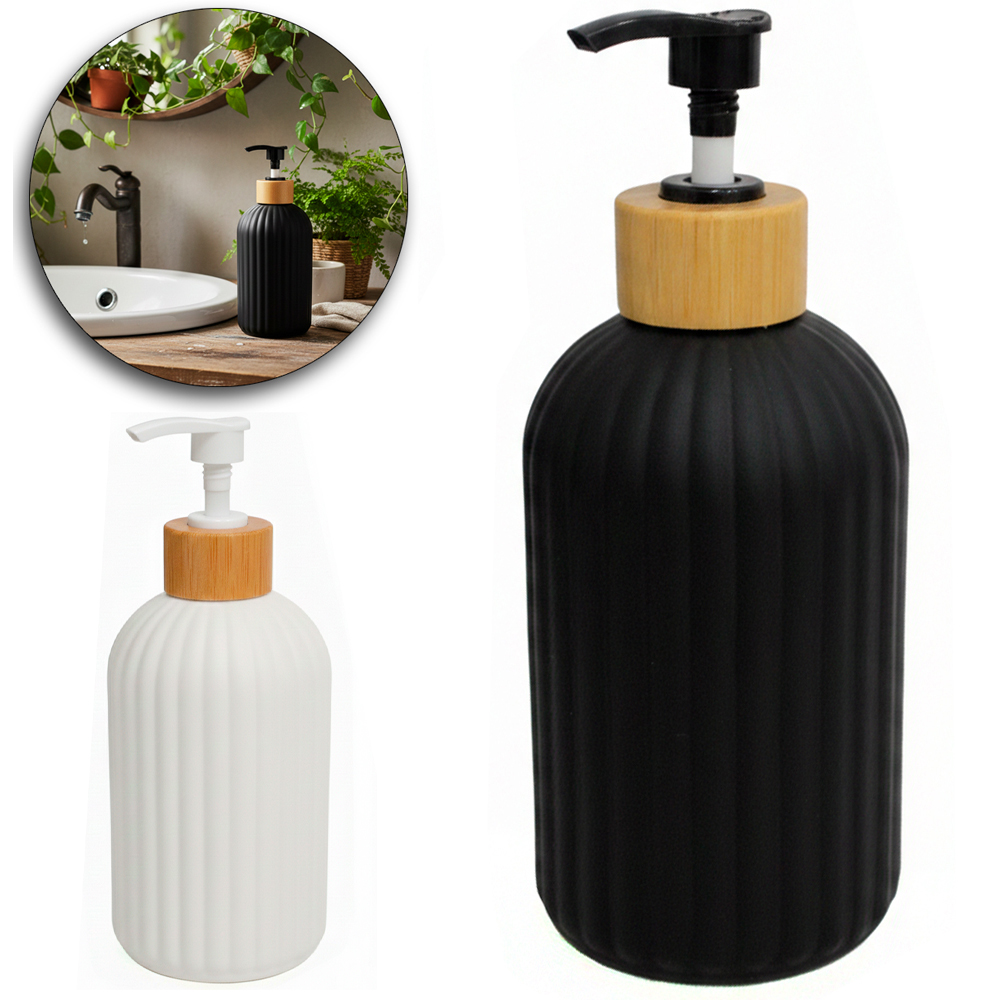 PORTA SABONETE LIQUIDO DE VIDRO REDONDO PRETO / BRANCO E GOLA DE BAMBU 400ML