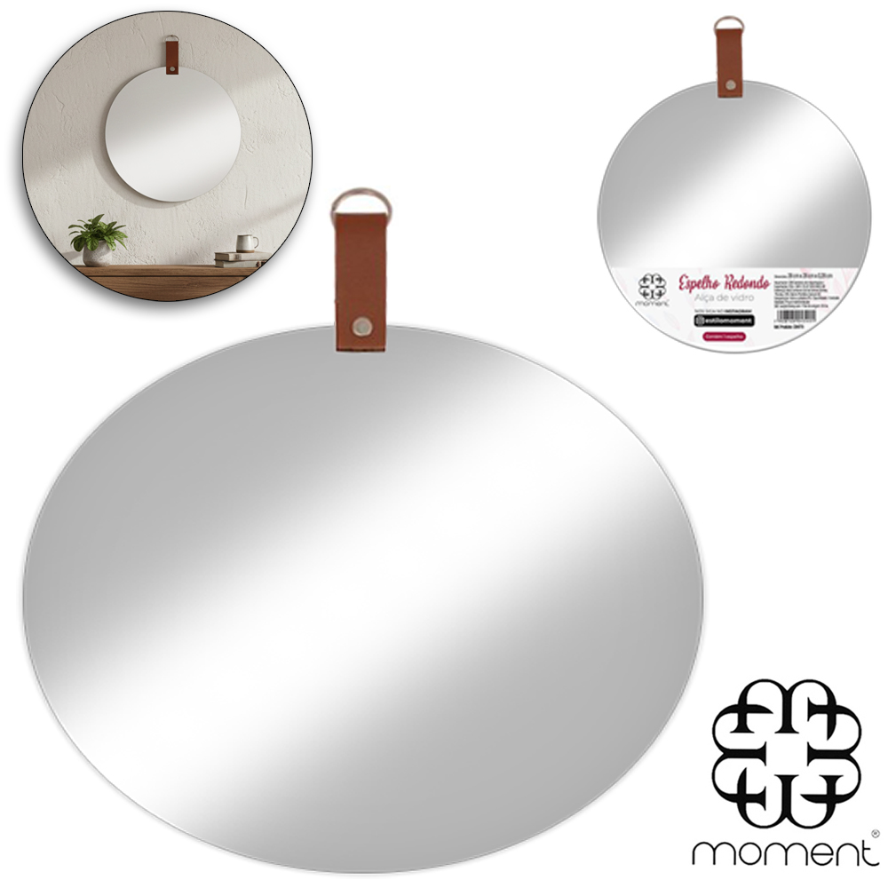 ESPELHO DE PENDURAR EMOLDURADO REDONDO DECORATIVO + ALCA MOMENT 28CM DE Ø