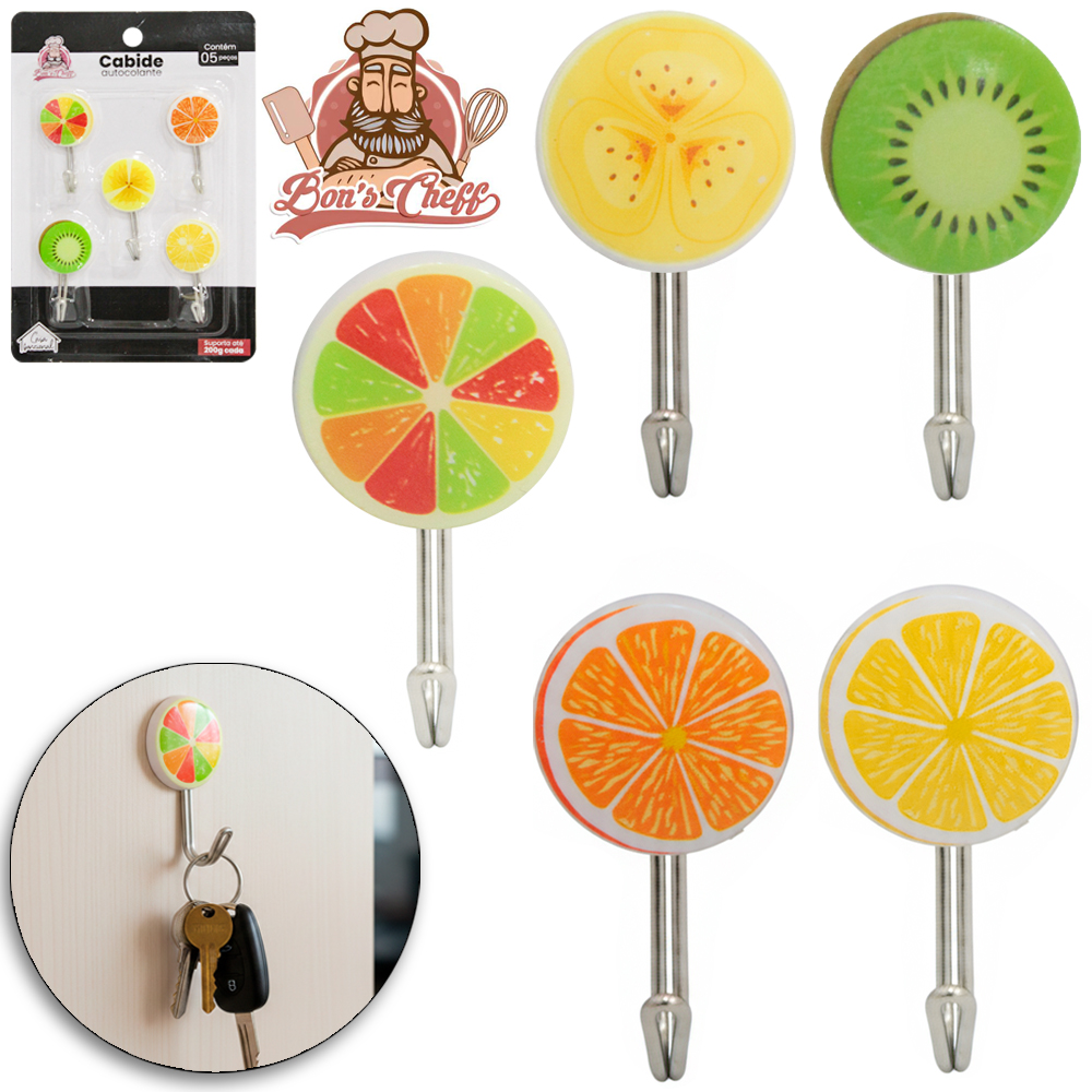 CABIDE GANCHO DE METAL FRUTAS REDONDO AUTOADESIVO COM 5 PECAS 4,5X2,5CM