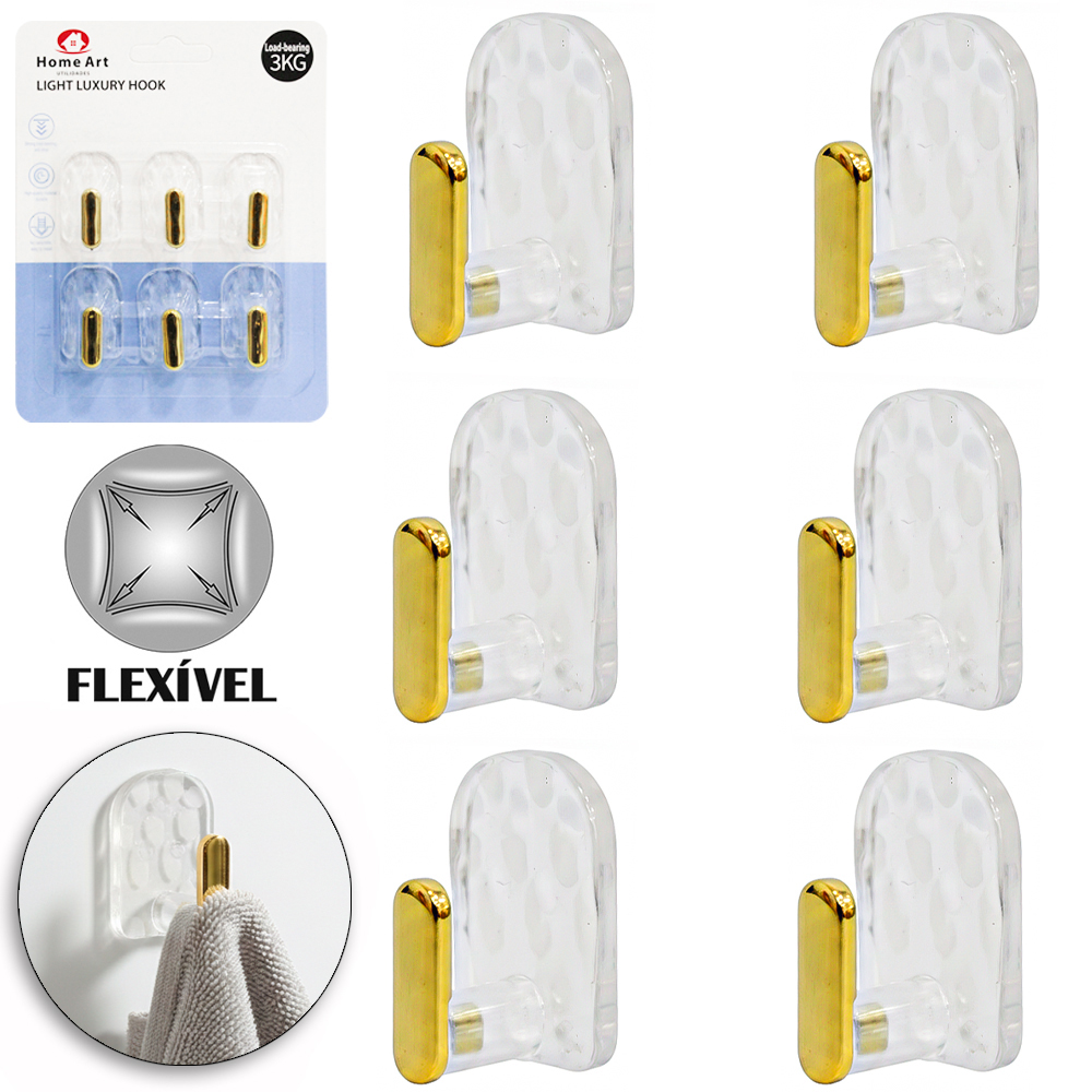 CABIDE GANCHO DE PLASTICO PET FLEXIVEL RETANGULAR AUTOADESIVO TRANSPARENTE COM 6 PECAS 3X2X1,5CM
