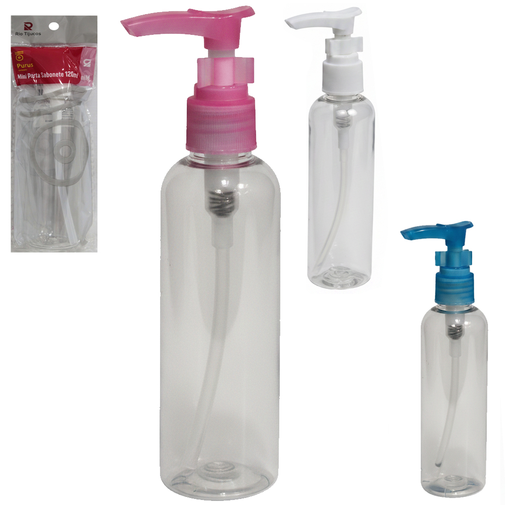 MINI PORTA SABONETE LIQUIDO DE PLASTICO PET REDONDO LISO 120ML