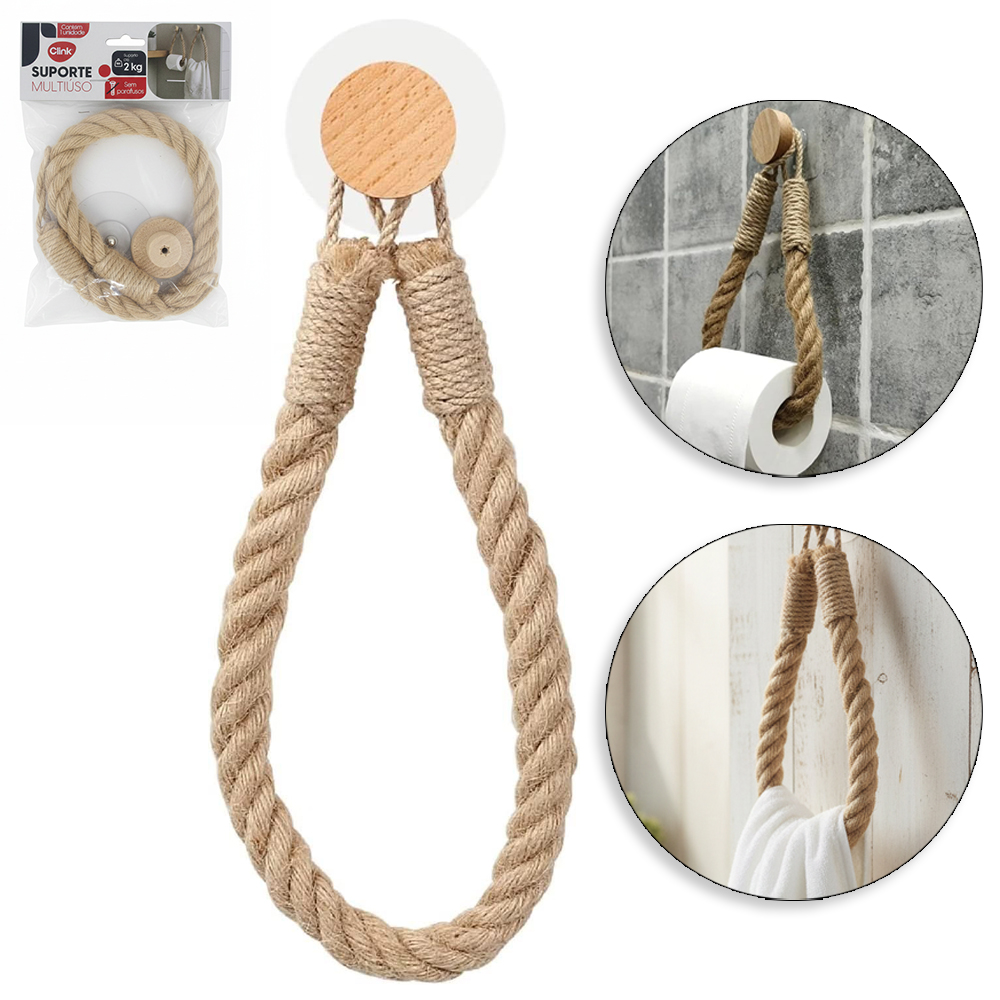 SUPORTE MULTIUSO PORTA TOALHA / PORTA PAPEL HIGIENICO DE PAREDE DE CORDA COM GANCHO DE MADEIRA AUTOADESIVO