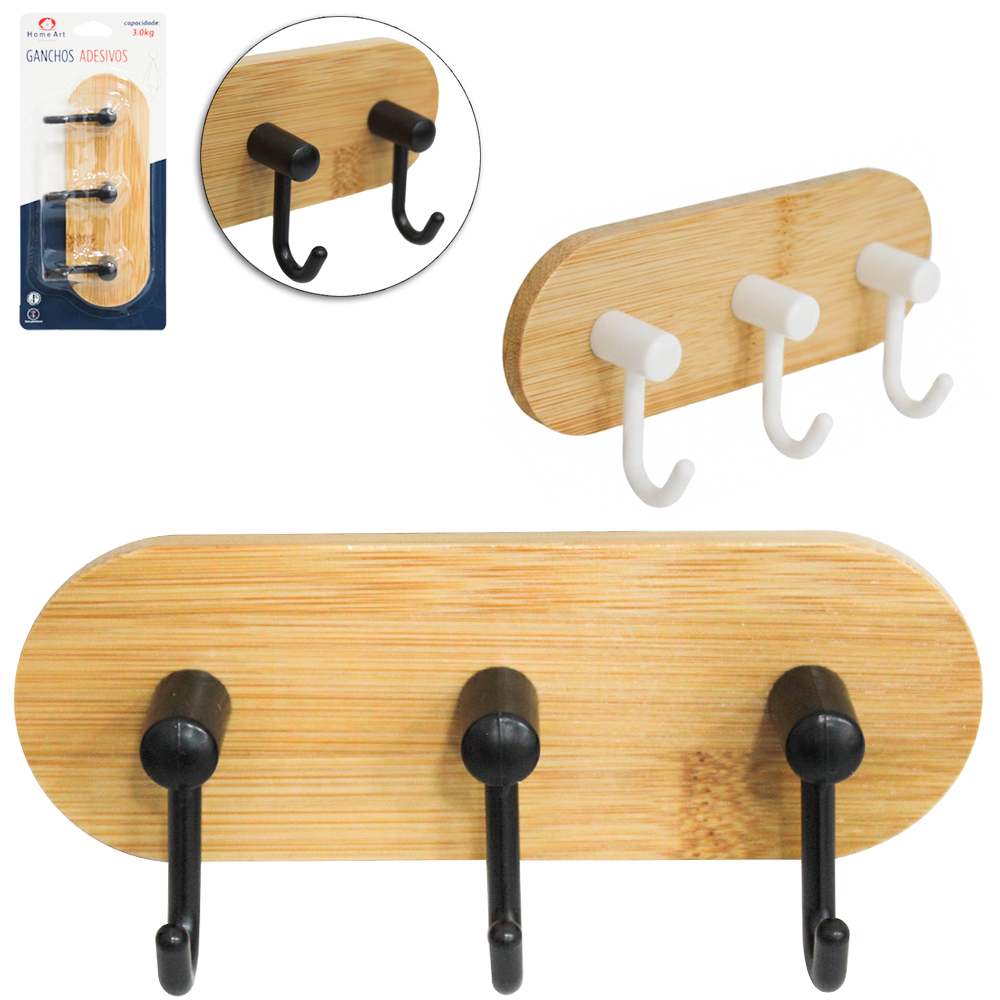 CABIDE GANCHO DE BAMBU / PLASTICO OVAL TRIPLO AUTOADESIVO 14,5X6,5X4CM