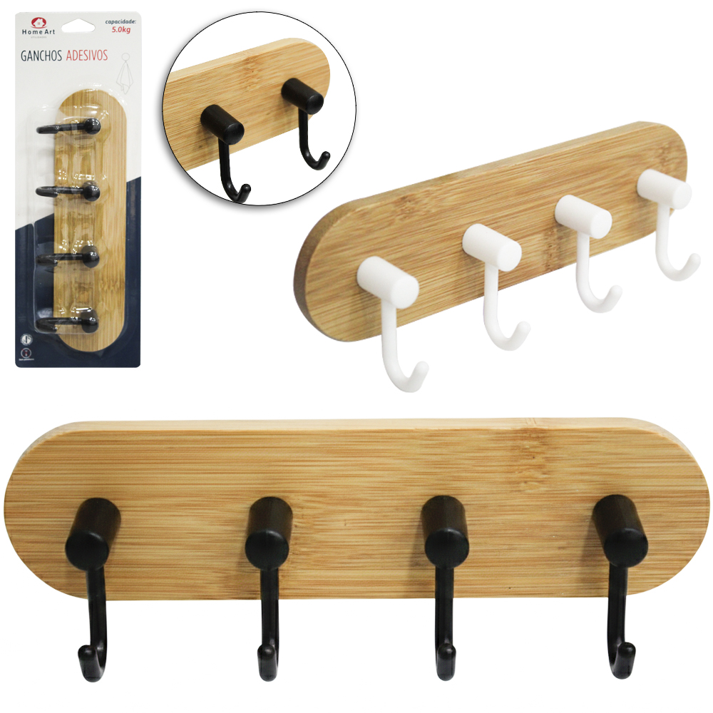 CABIDE GANCHO DE BAMBU / PLASTICO OVAL QUADRUPLO AUTOADESIVO 19X6,5X4CM