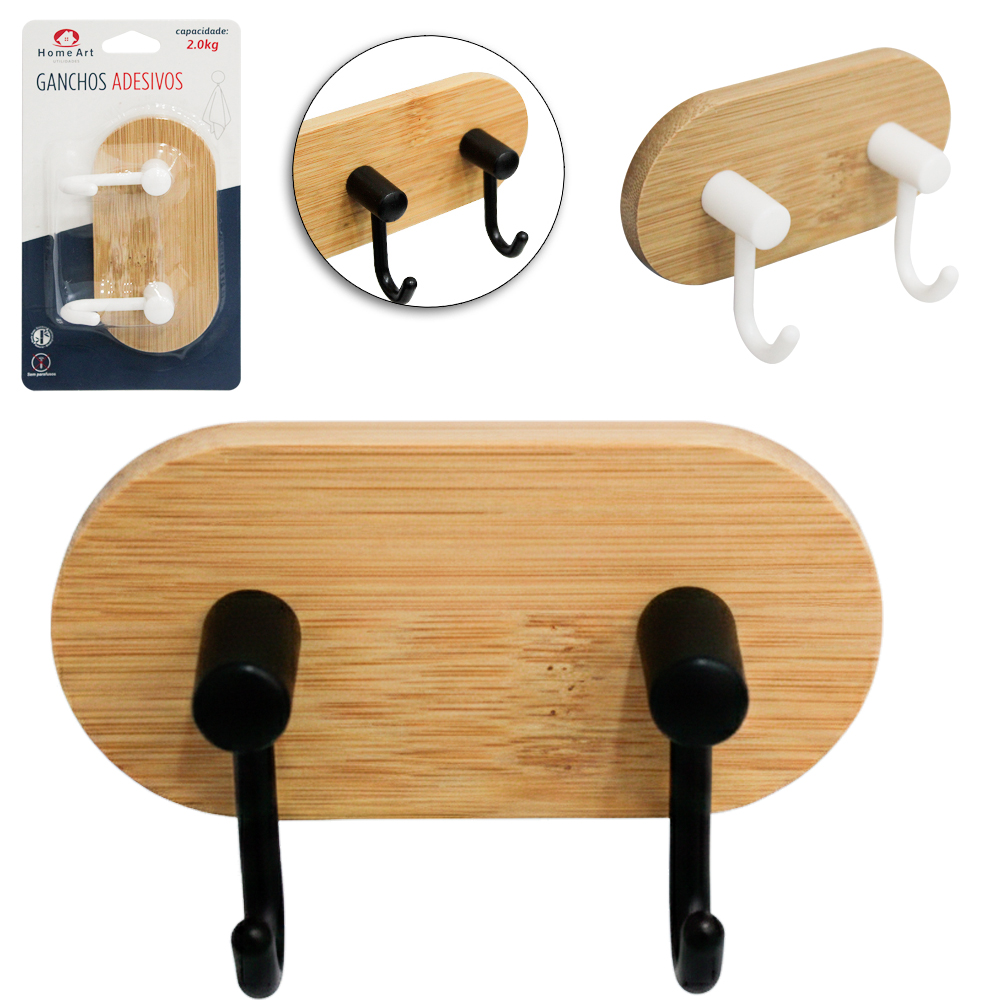 CABIDE GANCHO DE BAMBU / PLASTICO OVAL DUPLO AUTOADESIVO 10X6,5X4CM