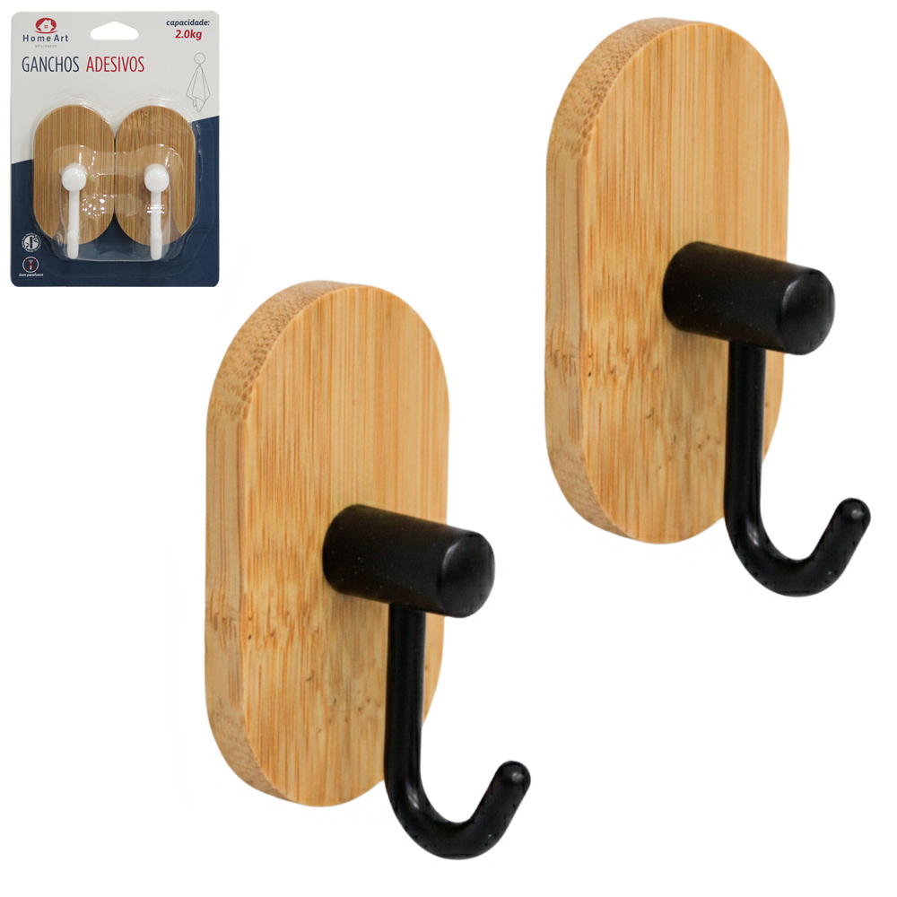 CABIDE GANCHO DE BAMBU / PLASTICO OVAL AUTOADESIVO COM 2 PECAS 7X4X4CM