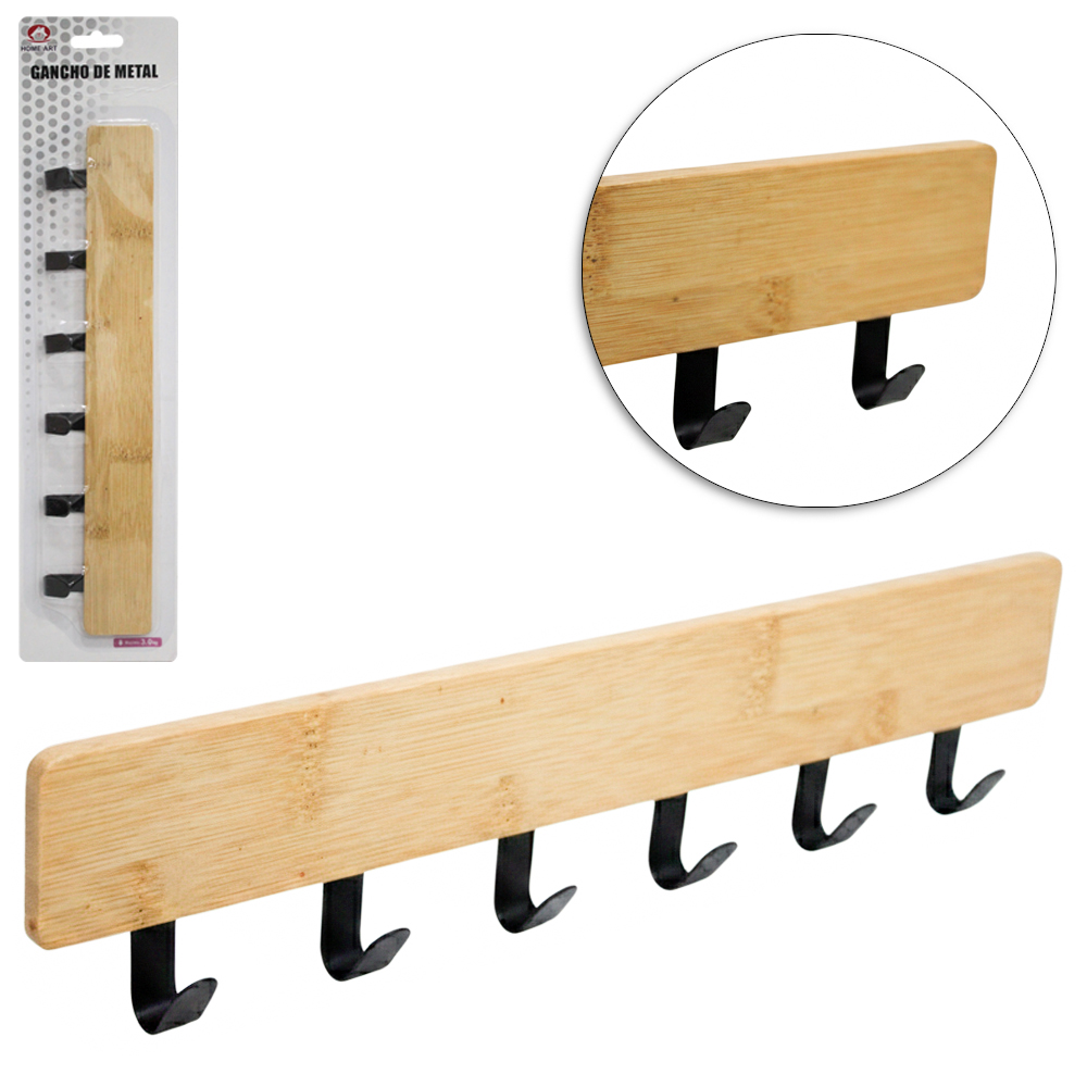 CABIDE GANCHO DE BAMBU / METAL RETANGULAR COM 6 GANCHOS AUTOADESIVO 28X6X2CM