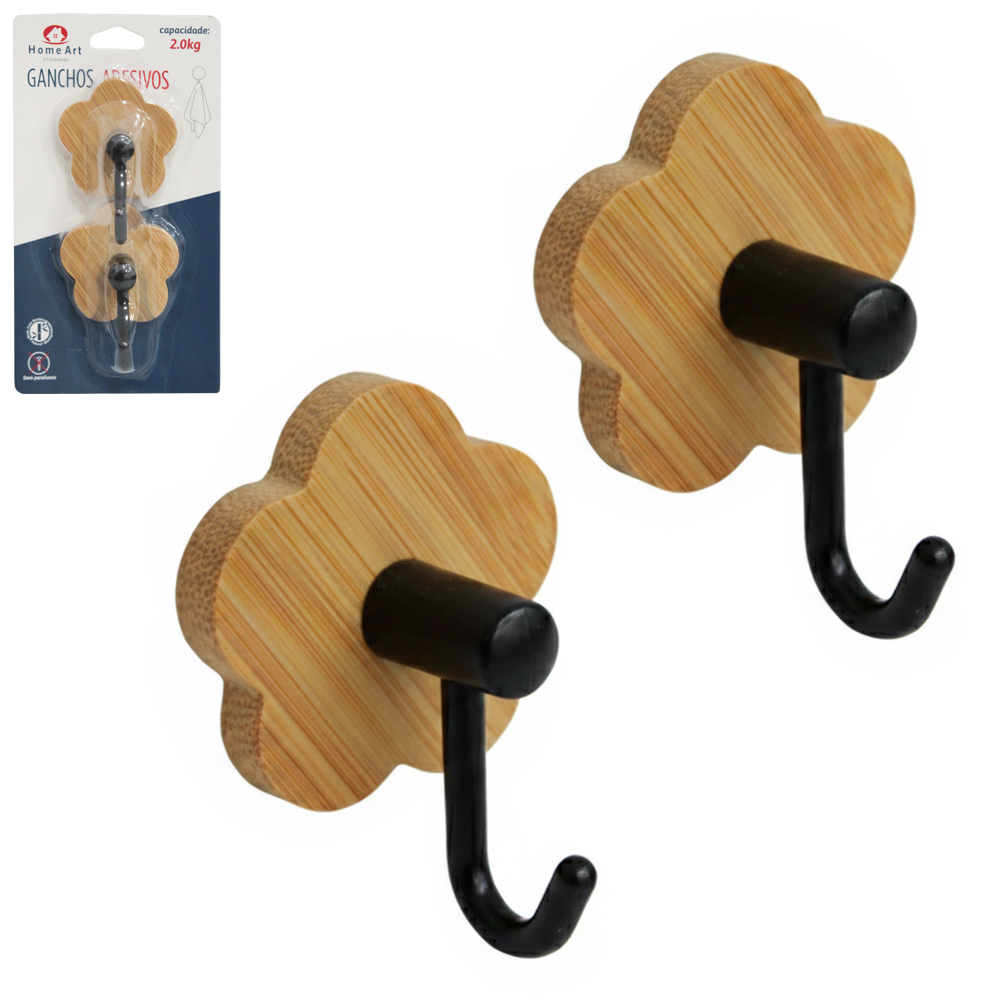 CABIDE GANCHO DE BAMBU / PLASTICO FLOR AUTOADESIVO COM 2 PECAS 7X5X4CM