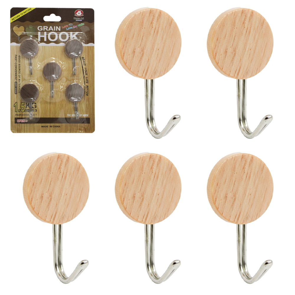 CABIDE GANCHO DE METAL REDONDO TIPO MADEIRA AUTOADESIVO COM 5 PECAS 4,5X2,5CM DE Ø 