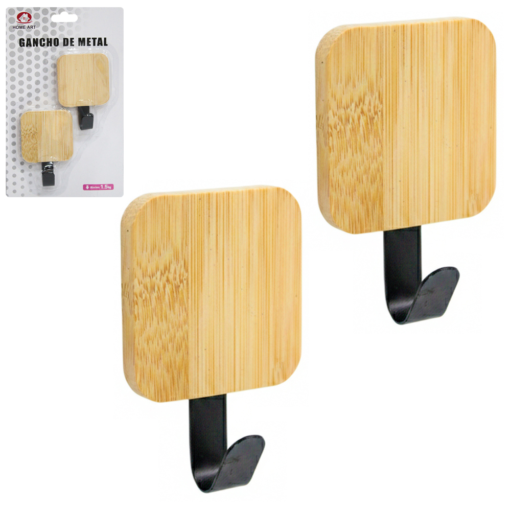CABIDE GANCHO DE BAMBU / METAL QUADRADO AUTOADESIVO COM 2 PECAS 6,5X4,5X1,5CM