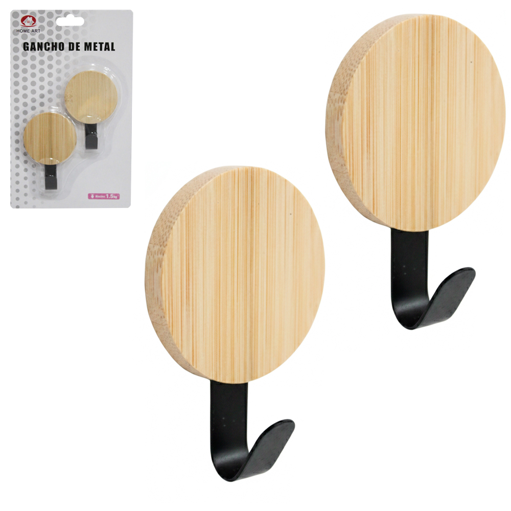 CABIDE GANCHO DE BAMBU / METAL REDONDO AUTOADESIVO COM 2 PECAS 6,5X4,5CM DE Ø
