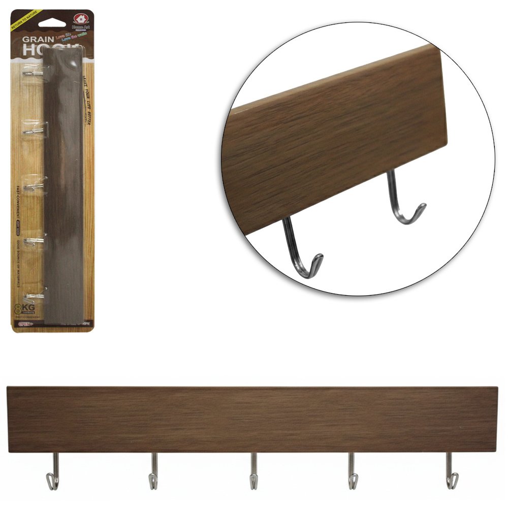 CABIDE GANCHO DE METAL RETANGULAR TIPO MADEIRA COM 5 GANCHOS AUTOADESIVO 32X6,5X2CM