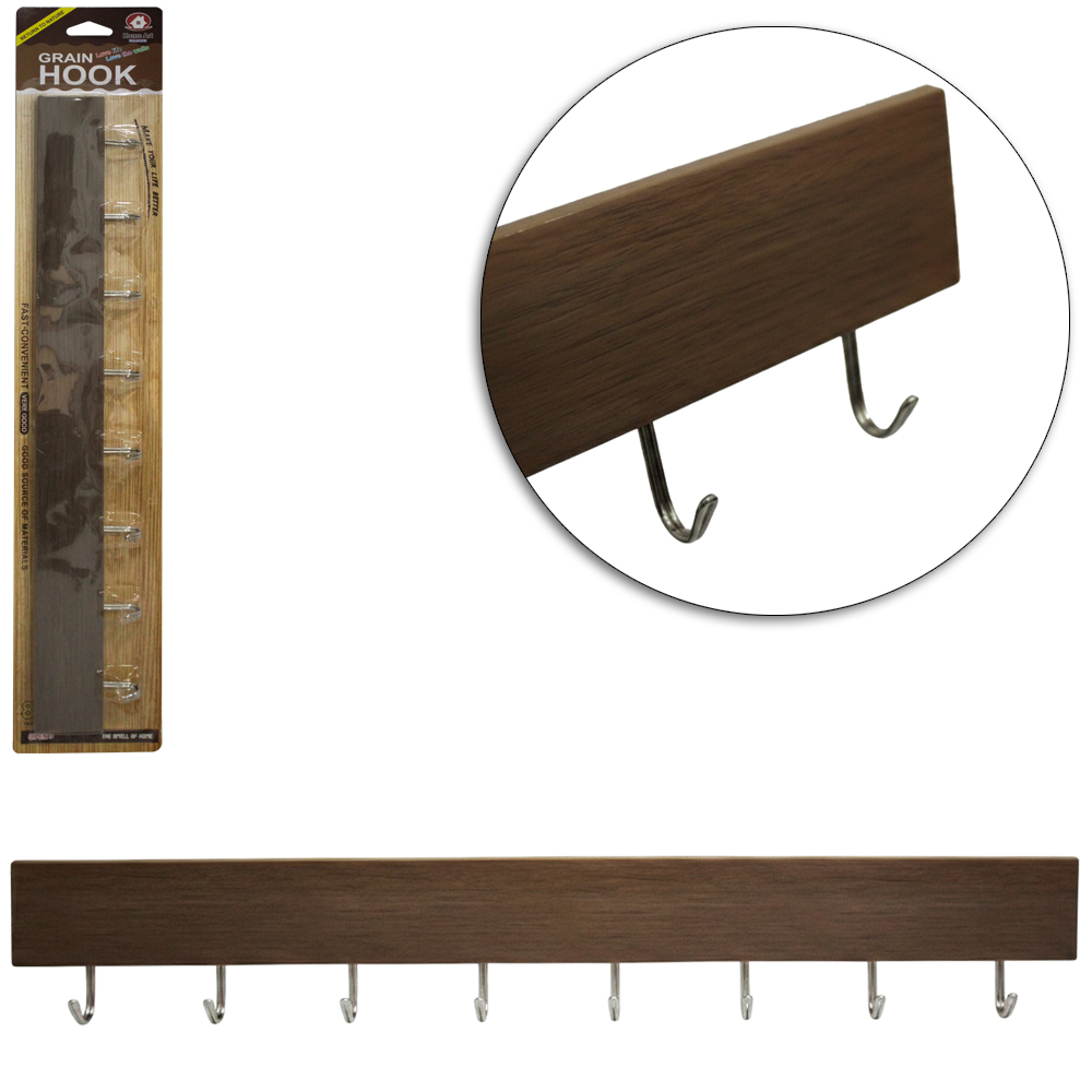 CABIDE GANCHO DE METAL RETANGULAR TIPO MADEIRA COM 8 GANCHOS AUTOADESIVO 43X6,5X2CM