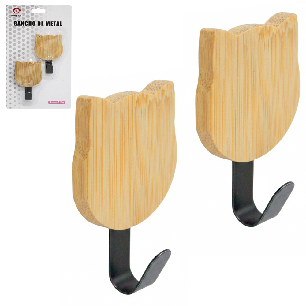 CABIDE GANCHO DE BAMBU / METAL GATO AUTOADESIVO COM 2 PECAS 6,5X4,52CM