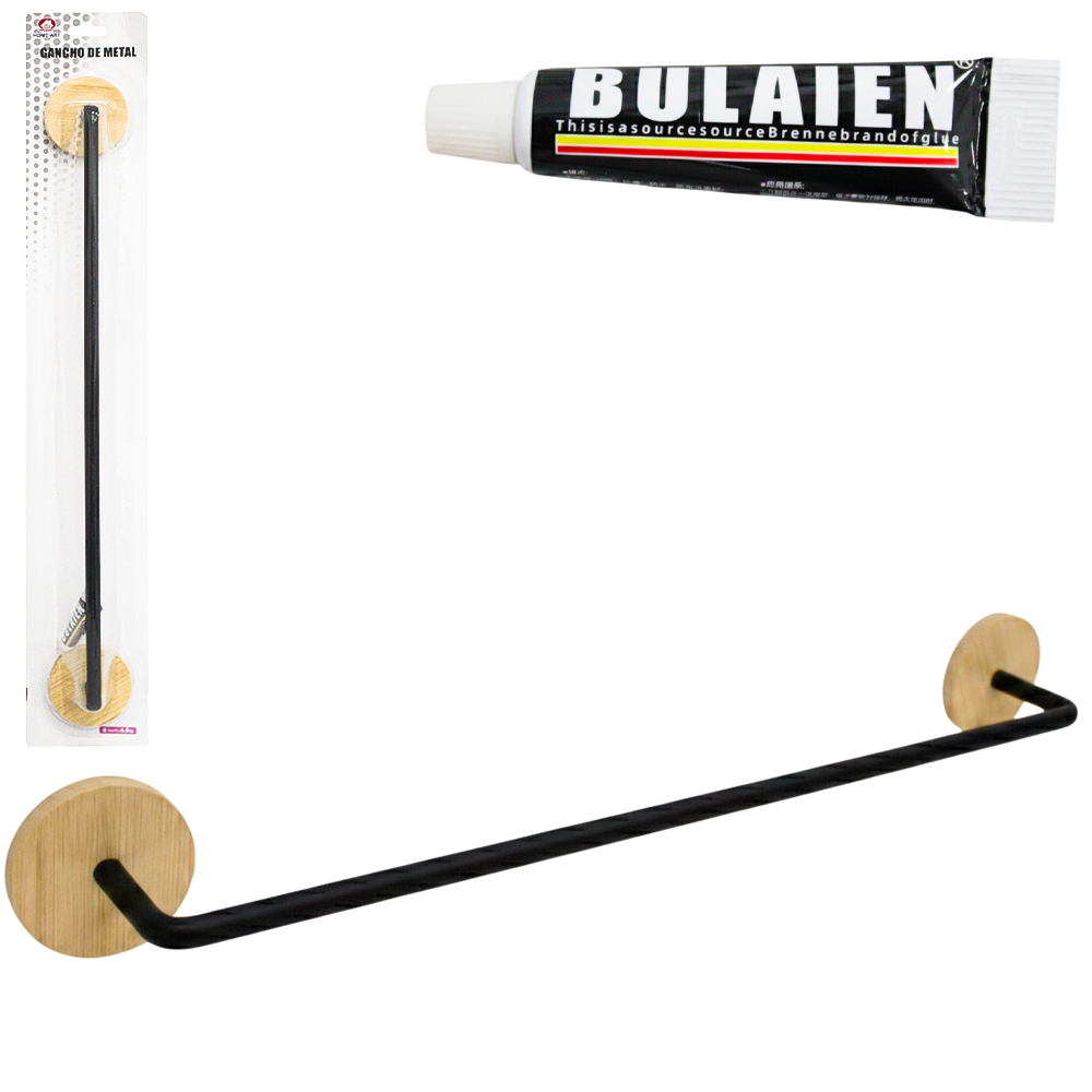 SUPORTE ORGANIZADOR PORTA TOALHA DE PAREDE DE BAMBU / METAL COM COLA 48X6X5,5CM