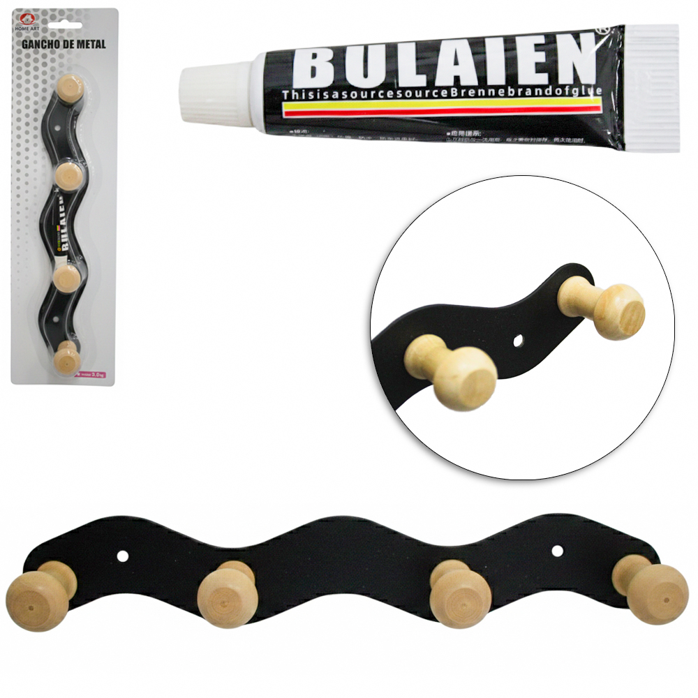 CABIDE GANCHO DE METAL / MADEIRA QUADRUPLO COM COLA 24X4X3,5CM