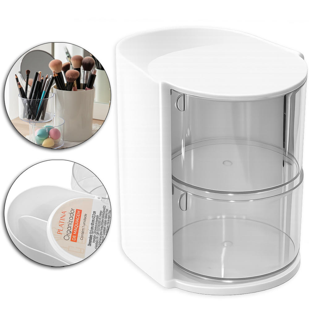 ORGANIZADOR DE MESA / PORTA CANETA / LAPIS / MAQUIAGEM DE PLASTICO COM 2 CAVIDADES + 2 GAVETAS PLATINA 13,5X12,3X10CM