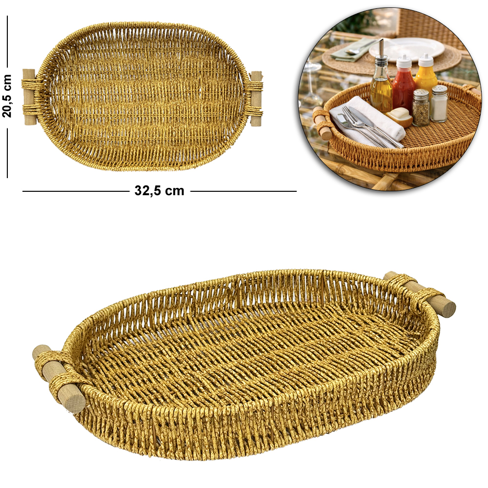 BANDEJA DE PLASTICO TIPO VIME OVAL COM ALCA DE MADEIRA MOMENT 32,5X20,5X4,5CM