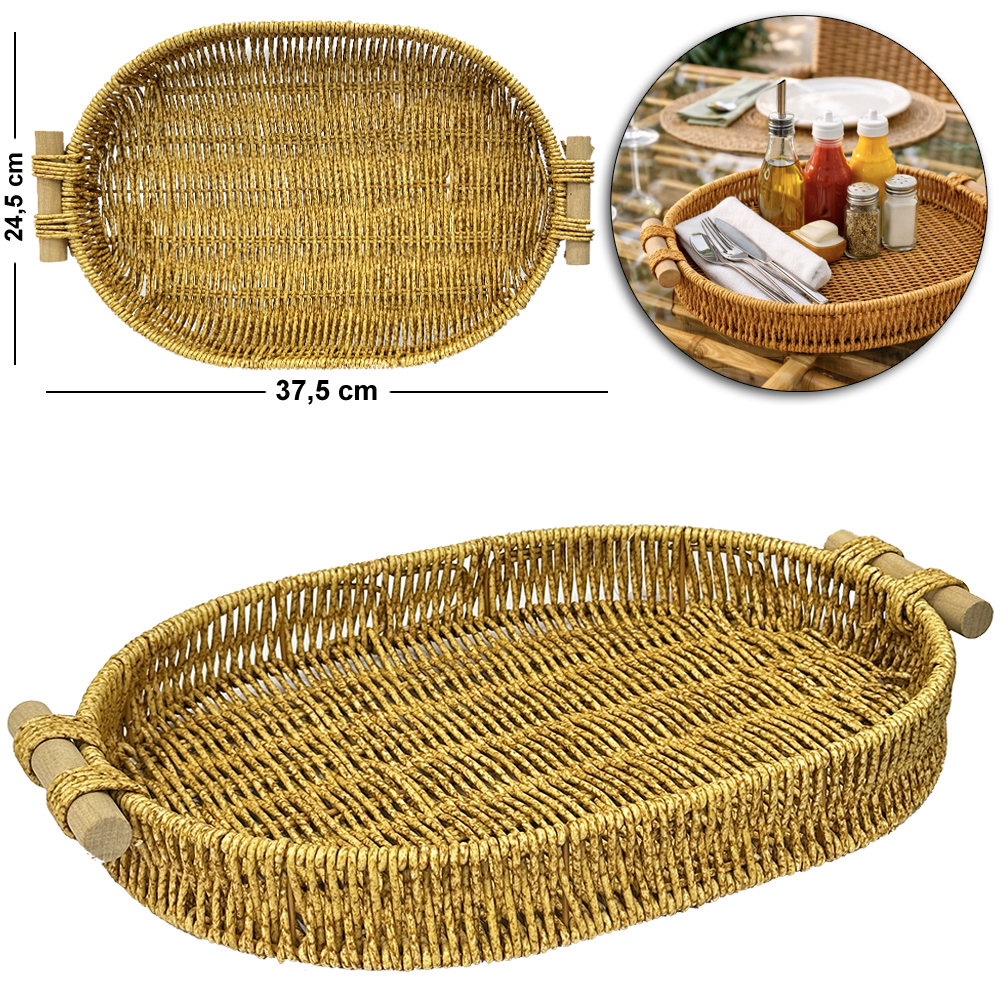 BANDEJA DE PLASTICO TIPO VIME OVAL COM ALCA DE MADEIRA MOMENT 37,5X24,5X4,5CM