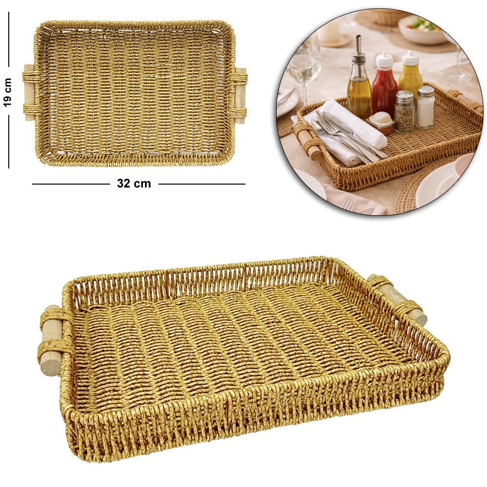 BANDEJA DE PLASTICO TIPO VIME RETANGULAR COM ALCA DE MADEIRA MOMENT 32X19X4,5CM