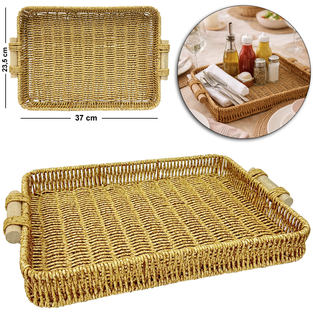 BANDEJA DE PLASTICO TIPO VIME RETANGULAR COM ALCA DE MADEIRA MOMENT 37X23,5X4,5CM