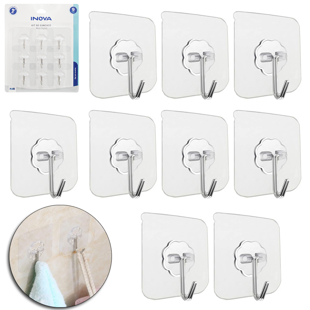 CABIDE GANCHO DE METAL QUADRADO AUTOADESIVO TRANSPARENTE COM 9 PECAS 5,6CM
