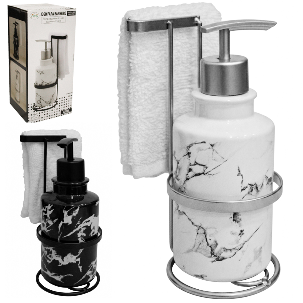 PORTA SABONETE LIQUIDO PORCELANA REDONDO PRETO / BRANCO COM SUPORTE ARAMADO + TOALHA MAO POLIESTER 