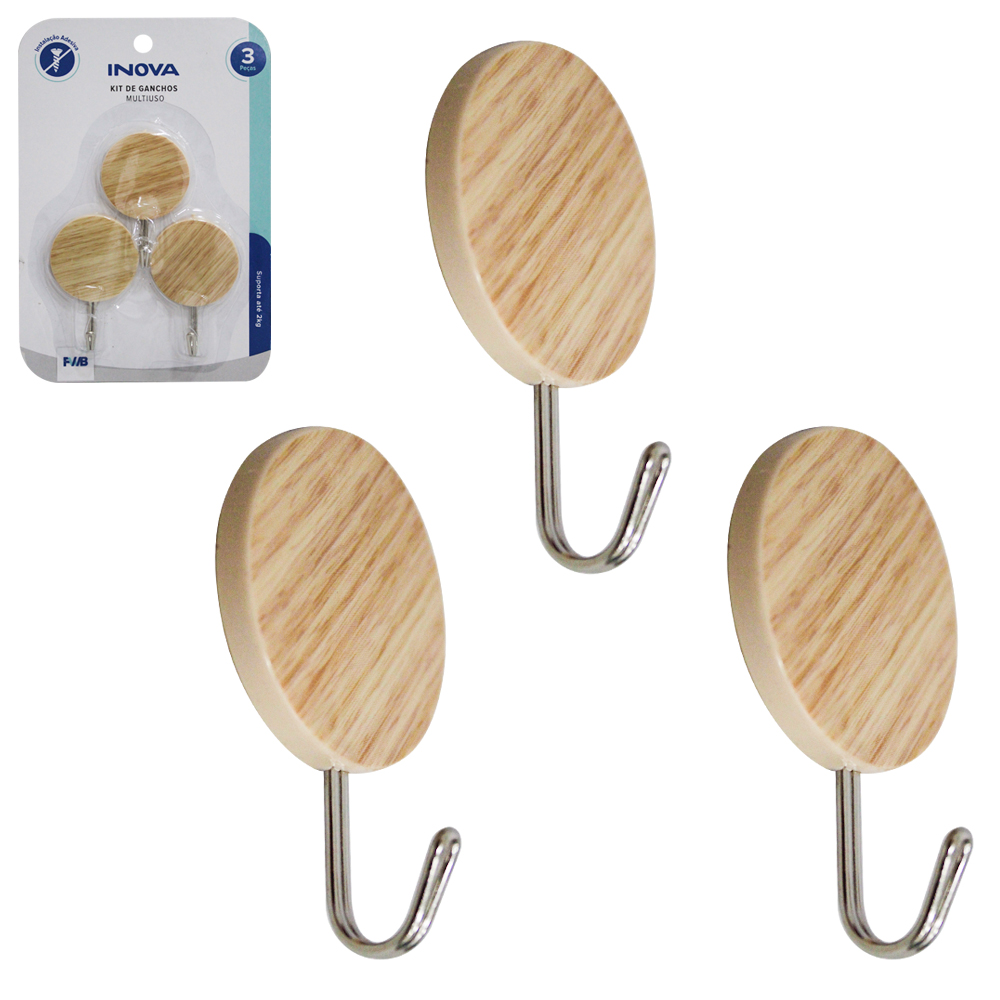CABIDE GANCHO DE METAL REDONDO TIPO MADEIRA AUTOADESIVO INOVA COM 3 PECAS 6,5X4,3CM DE Ø