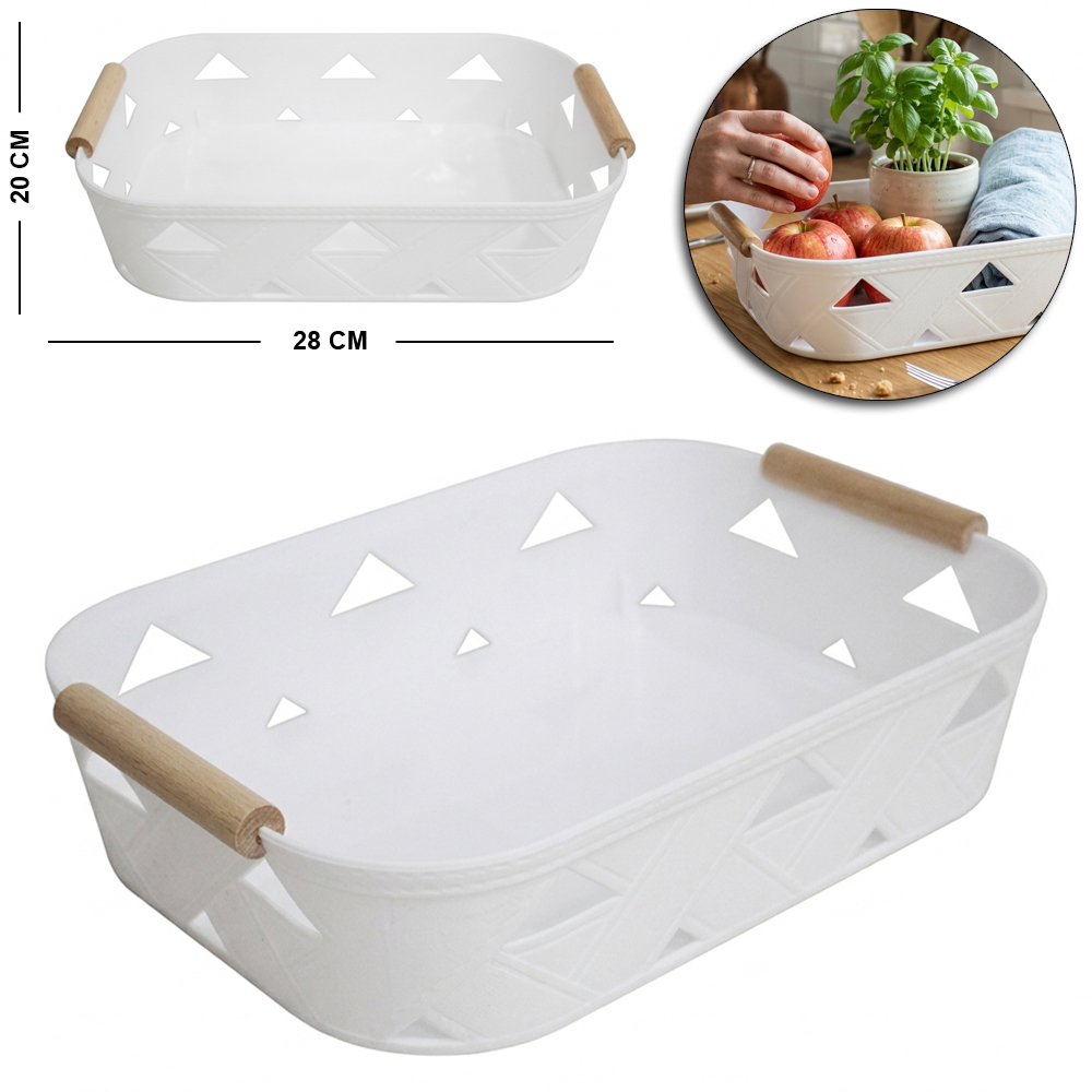 CESTO ORGANIZADOR DE PLASTICO RETANGULAR BORDA COSTURA COM ALCA DE MADEIRA 28X20X6,5CM