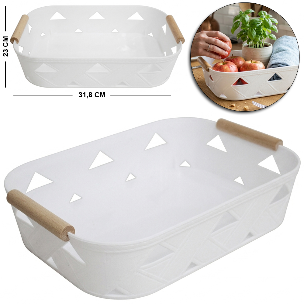 CESTO ORGANIZADOR DE PLASTICO RETANGULAR BORDA COSTURA COM ALCA DE MADEIRA 31,8X23X7CM