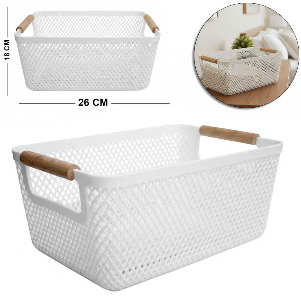 CESTO ORGANIZADOR DE PLASTICO RETANGULAR MULTIUSO COM ALCA DE MADEIRA 26X18X12CM