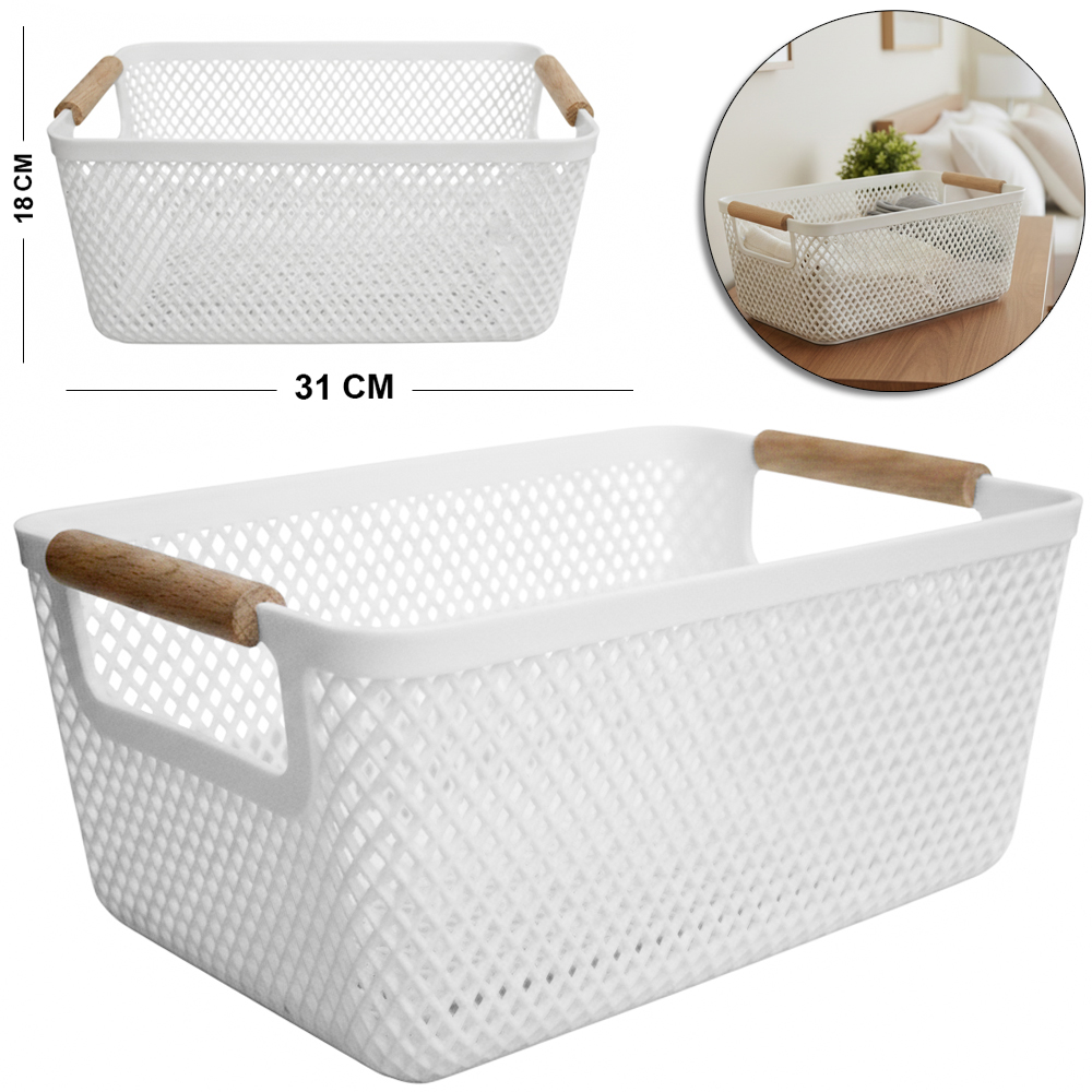 CESTO ORGANIZADOR DE PLASTICO RETANGULAR MULTIUSO COM ALCA DE MADEIRA 31X20X14CM
