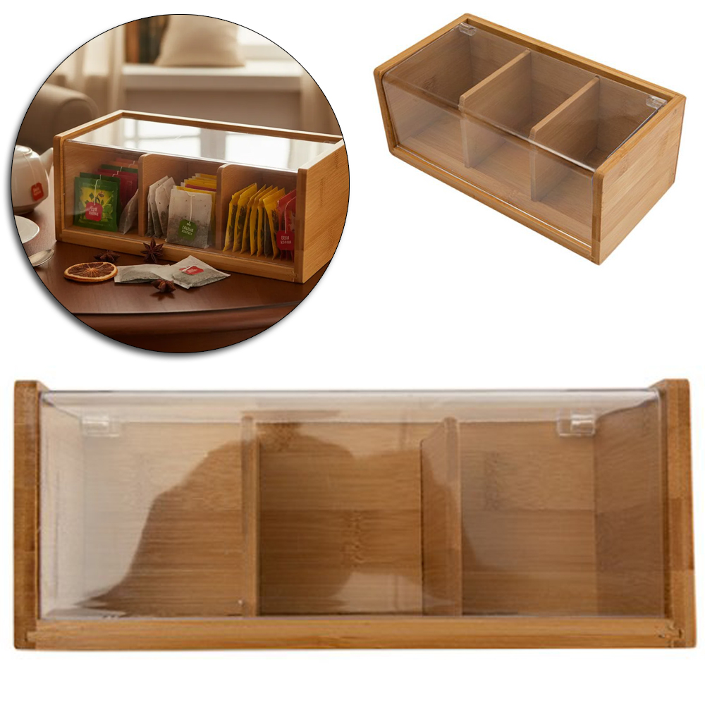 CAIXA ORGANIZADOR DE BAMBU RETANGULAR PARA CHA COM 3 DIVISORIAS + TAMPA DE ACRILICO FACILE 21,8X11,3X8,7CM