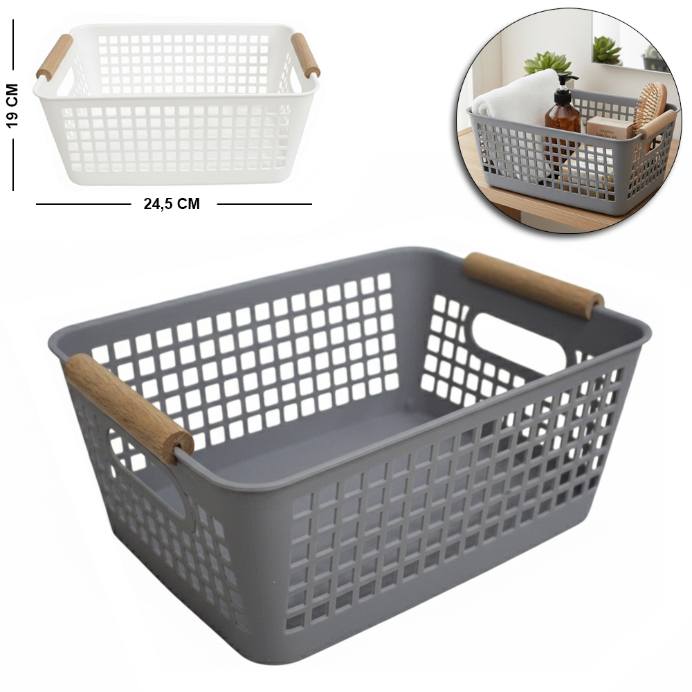 CESTO ORGANIZADOR DE PLASTICO RETANGULAR VAZADO COM ALCA DE MADEIRA 24,5X19X10CM