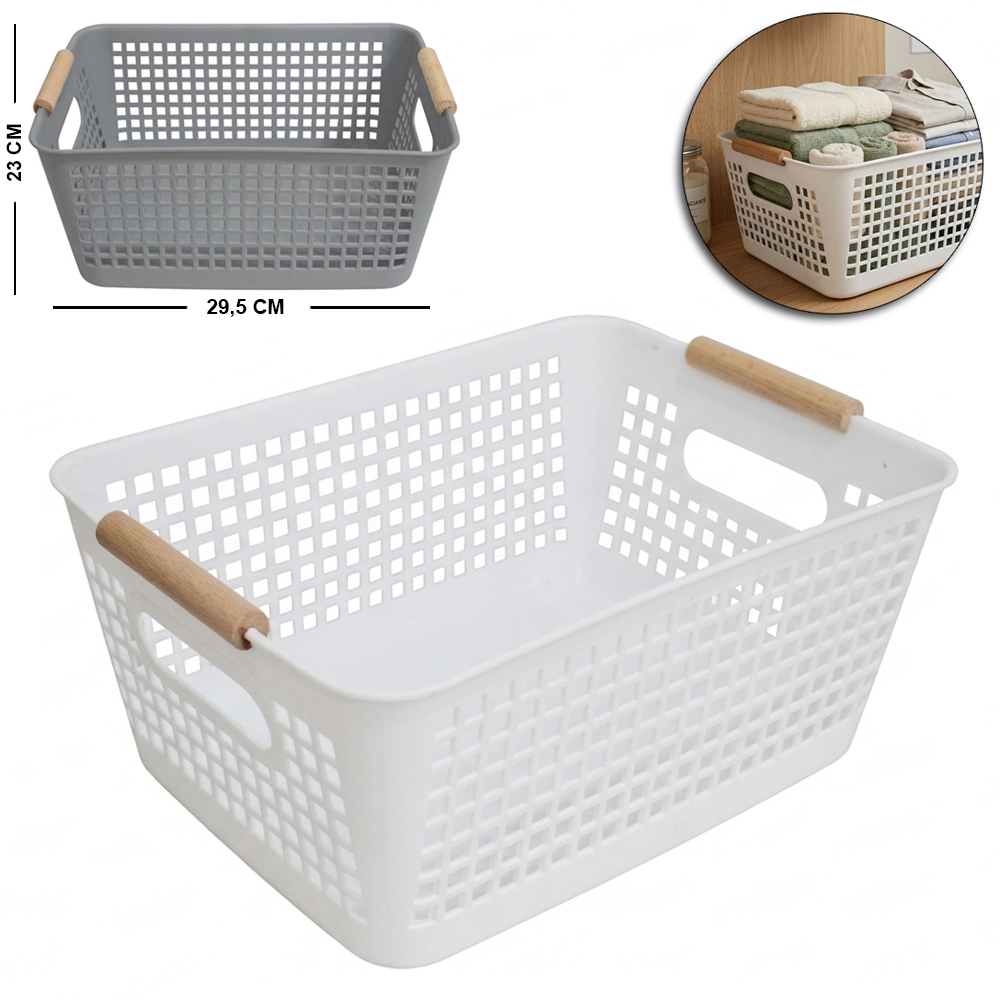 CESTO ORGANIZADOR DE PLASTICO RETANGULAR VAZADO COM ALCA DE MADEIRA 29,5X23X12,8CM