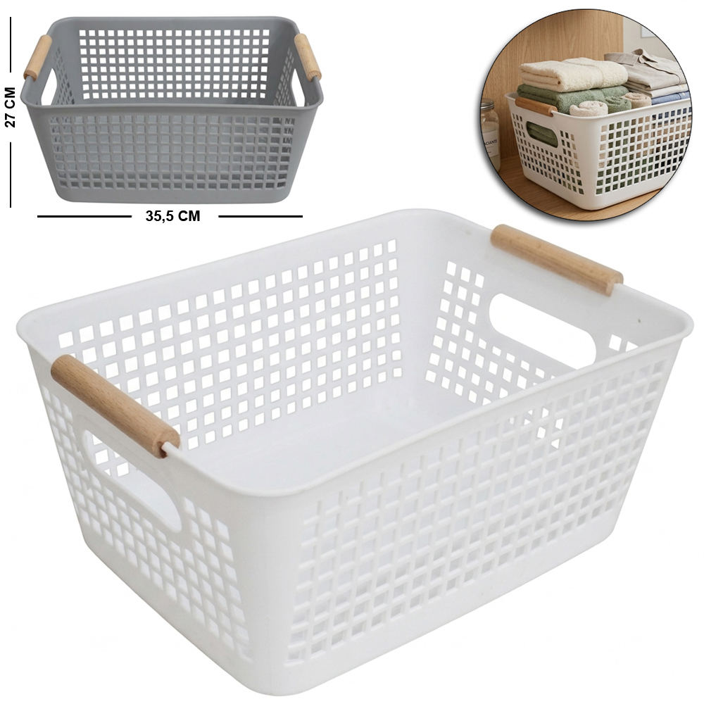 CESTO ORGANIZADOR DE PLASTICO RETANGULAR VAZADO COM ALCA DE MADEIRA 35,5X27X15CM