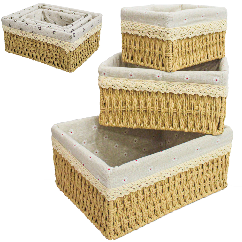 CESTO CAIXA ORGANIZADOR ARAMADO RETANGULAR REVESTIDO DE PAPEL TIPO VIME COM FORRO DE POLIESTER INOVA 3 PECAS PMG