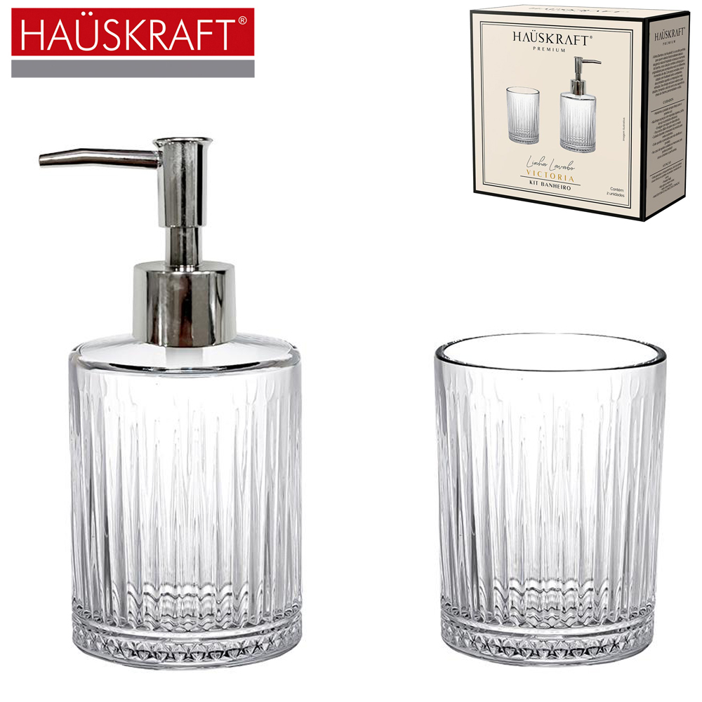 JOGO PARA BANHEIRO DE VIDRO REDONDO LINHA LAVABO VICTORIA HAUSKRAFT PREMIUM COM 2 PECAS 240/200ML