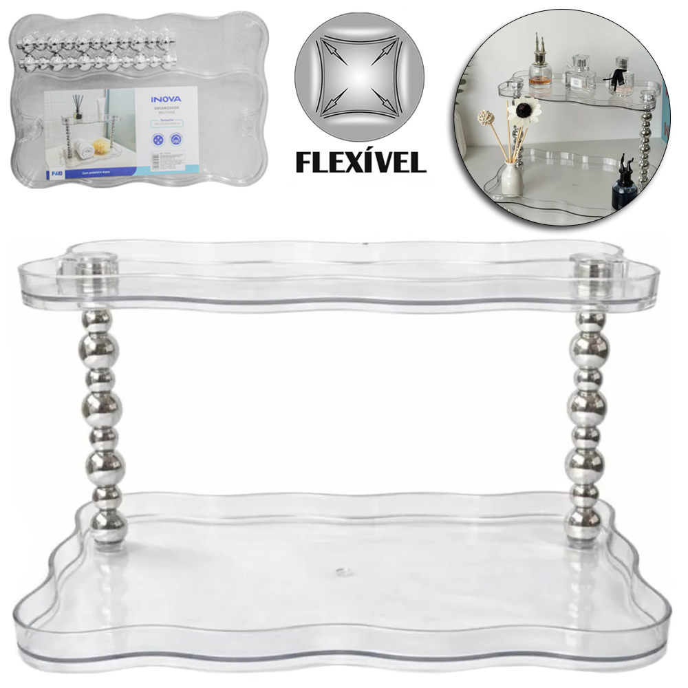 ORGANIZADOR PRATELEIRA DUPLA DE PLASTICO PET FLEXIVEL RETANGULAR MULTIUSO INOVA 30X20X19CM