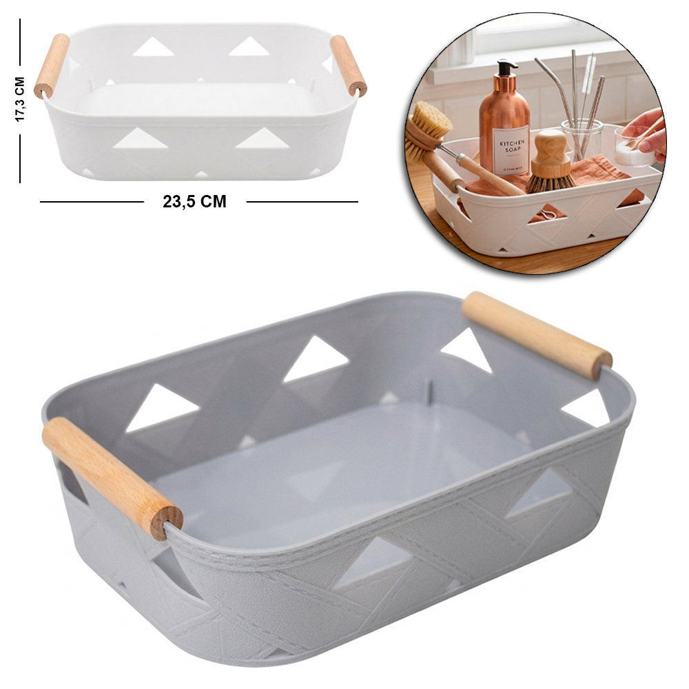 CESTO ORGANIZADOR DE PLASTICO RETANGULAR BORDA COSTURA COM ALCA DE MADEIRA 23,5X17,3X6CM