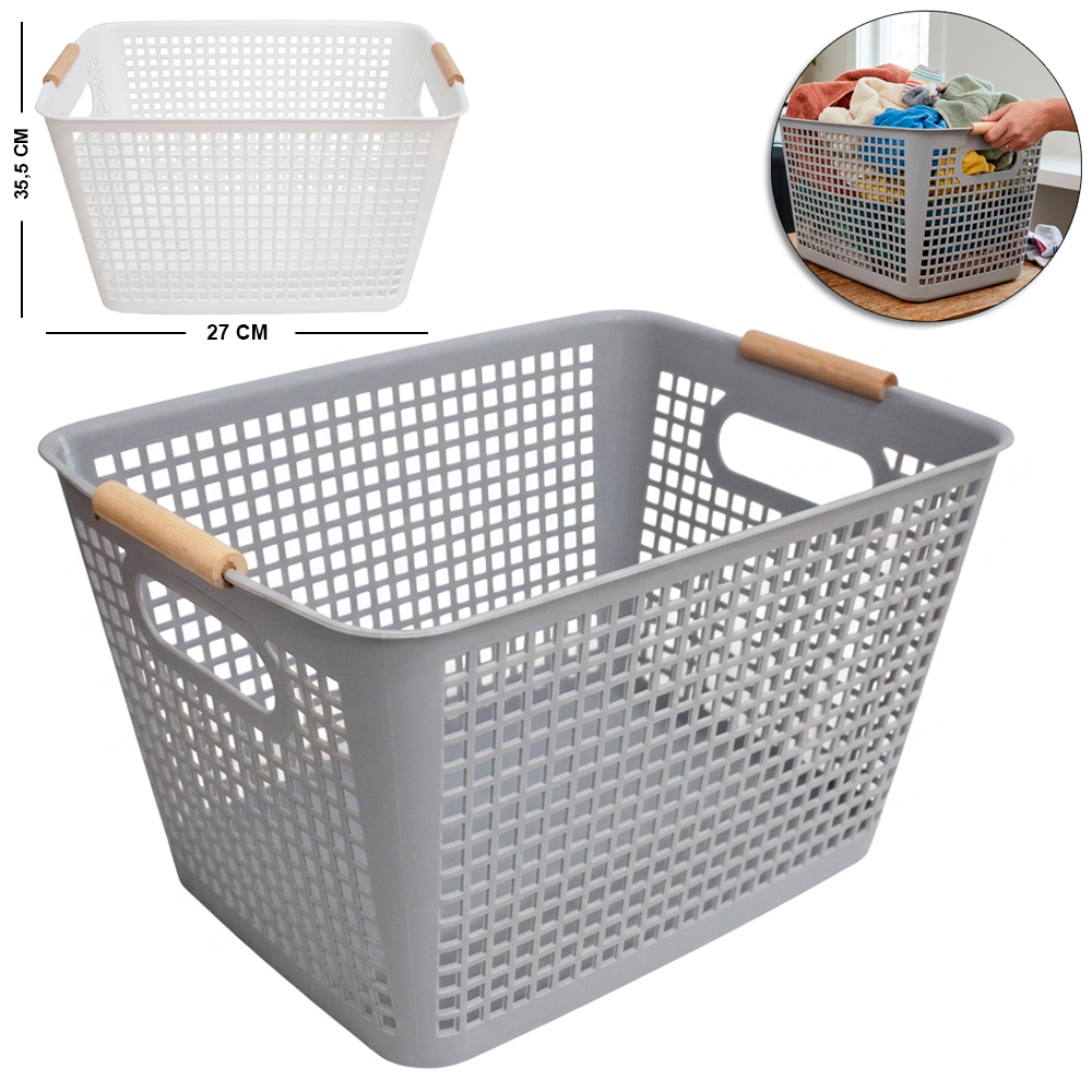 CESTO ORGANIZADOR DE PLASTICO RETANGULAR VAZADO COM ALCA DE MADEIRA 35,5X27X21CM