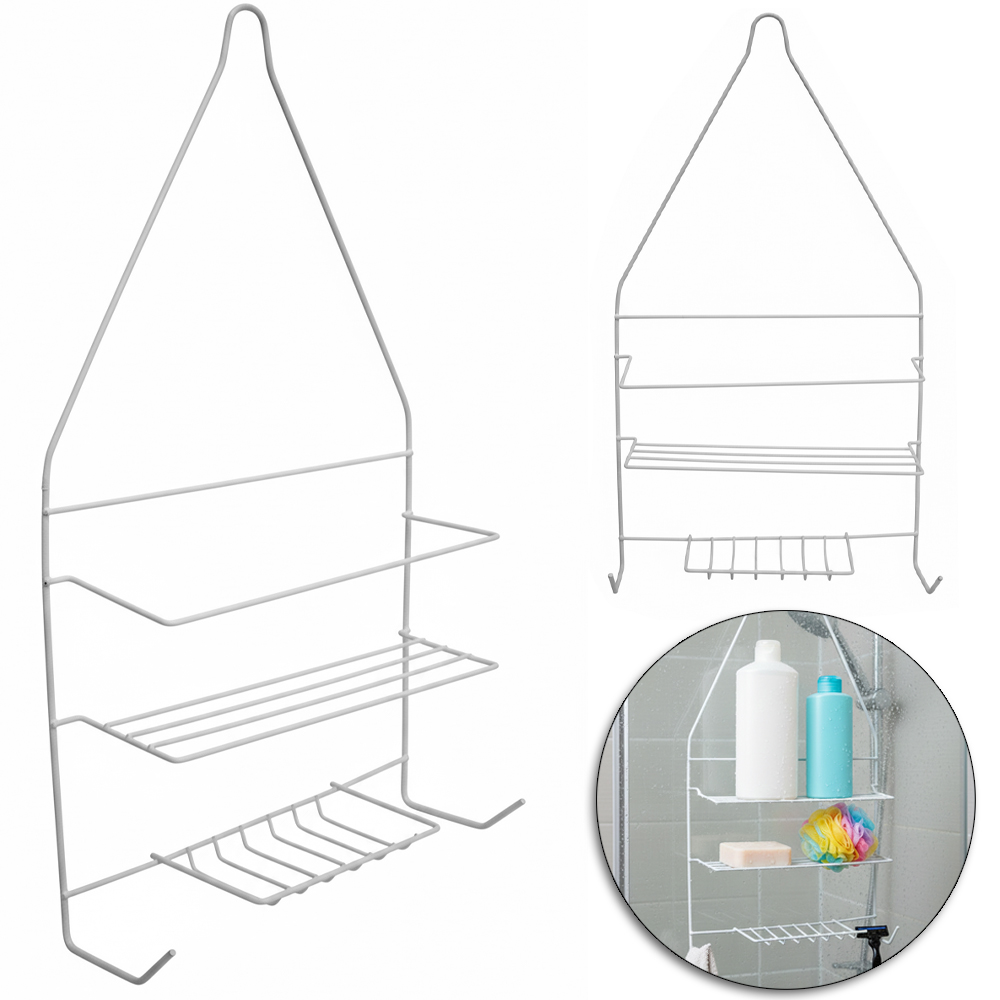 PORTA SHAMPOO ARAMADO COM 2 GANCHOS + SABONETEIRA BRANCO 43X24X8CM