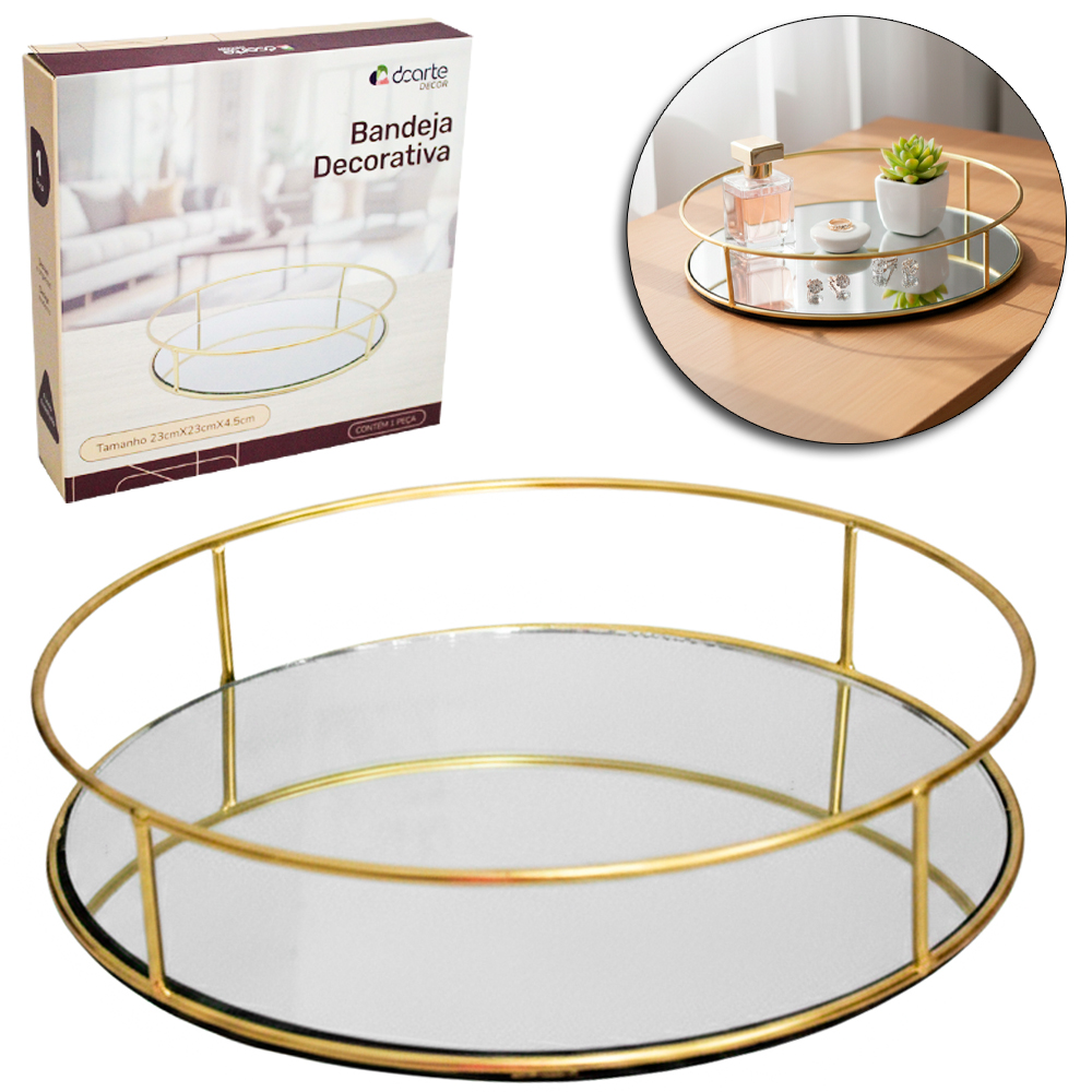 BANDEJA ARAMADO COM ESPELHO REDONDO DECORATIVA METALIZADO DOURADO DECOR 4,5X23CM DE Ø