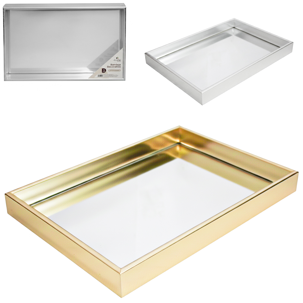 BANDEJA DE PLASTICO COM ESPELHO RETANGULAR DECORATIVA DECOR 34,2X24,2X3,5CM
